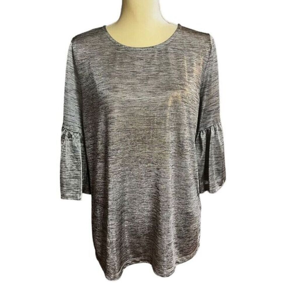 DANTELLE Women's Top M Metallic Gray & Gold Blouse‎ 3/4 Sleeve Pullover Sheer